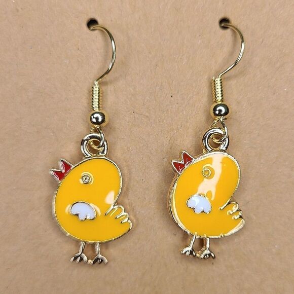 New Hand Crafted Yellow Baby Chick Cute Hook Earrings 14K Gold Plated - Picture 1 of 2